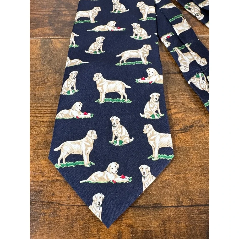 Lederer de Paris Alynn Yellow Labrador Retriever Silk Tie Navy Blue Made in USA